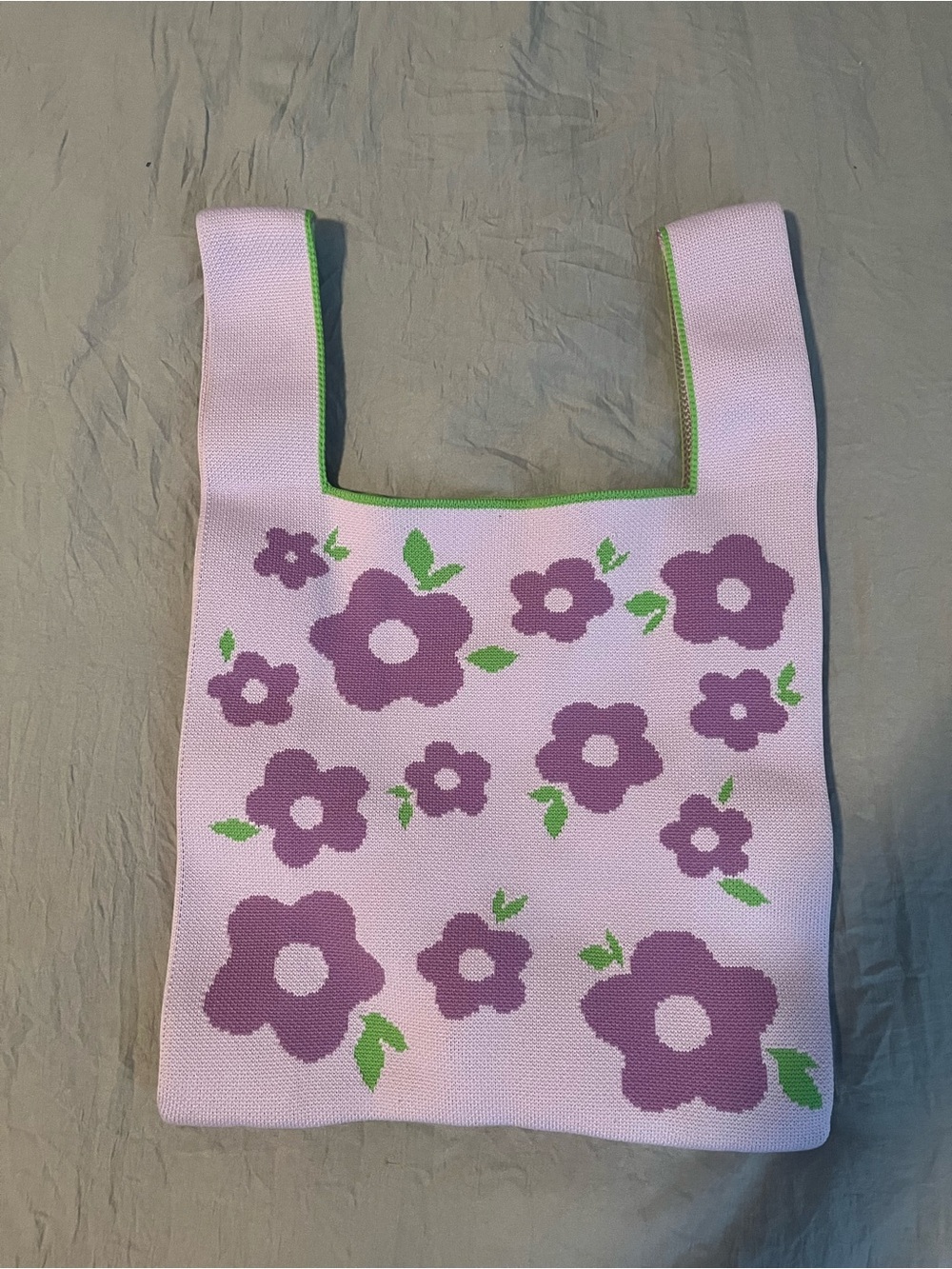 Purple Knit Floral Tote with Purple Flowers and Green Leaves. Smaller size.